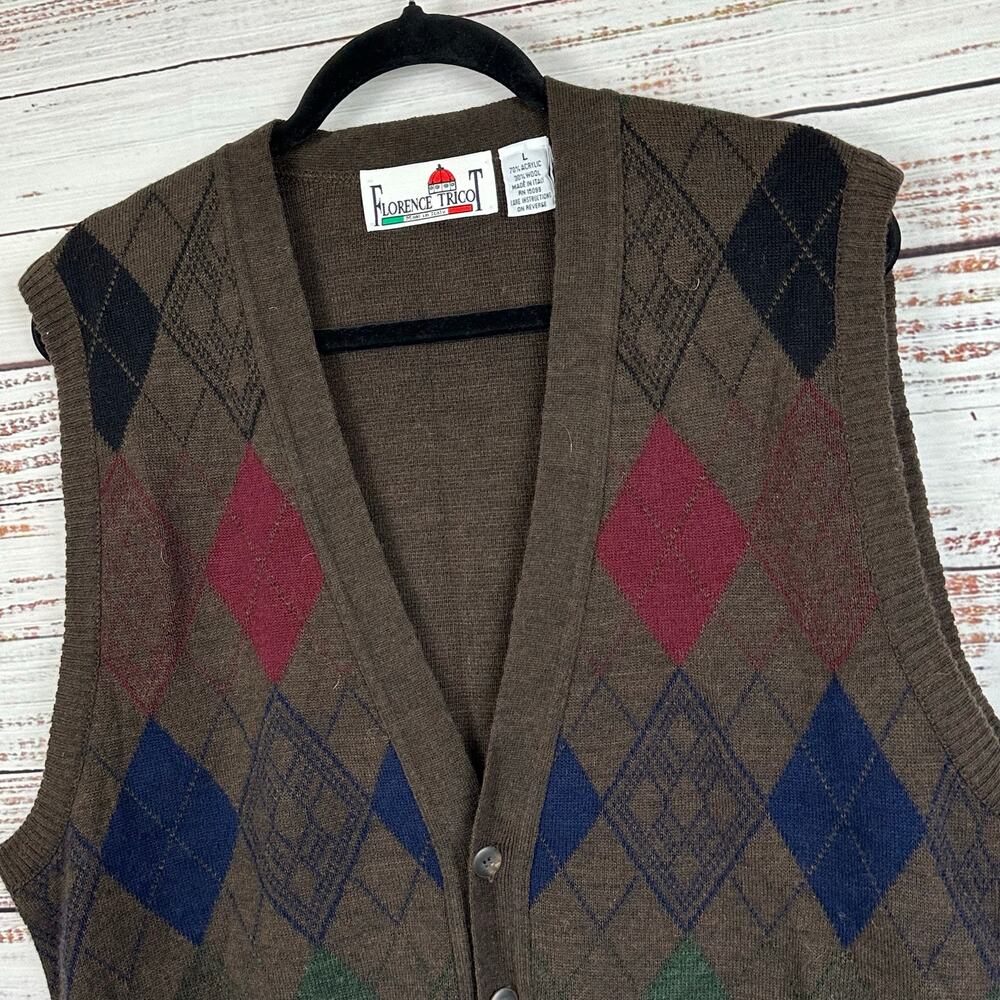VTG Florence Tricot Italy Brown Argyle Wool Grandpa Cardigan Sweater Vest Mens L